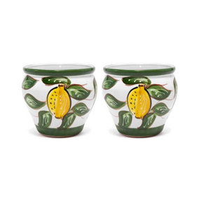 Traditional Spanish Hand Painted Lemon Set of 2 Outdoor Bola Plant Pots (D) 20cm