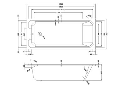 Traditional Straight Single Ended Shower Bath Tub - 1700mm x 750mm
