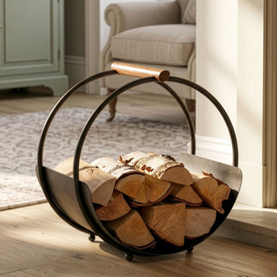 Traditional Style Black Round Fireside Log Storage Fireplace Firewood ...
