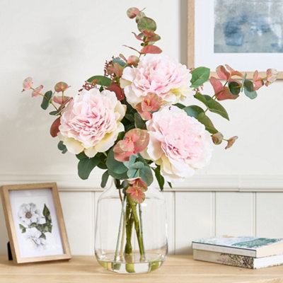 Traditional Style Faux Pink Roses in Glass Table Decor Vase