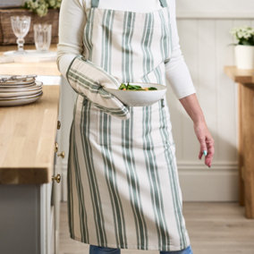 Traditional Style Forest Green Cotton Stripe Cooking Kitchen Apron, Chef Apron, Kitchen Linen
