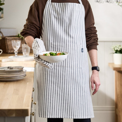 Traditional Style Grey Cotton Stripe Cooking Kitchen Apron, Chef Apron, Kitchen Linen