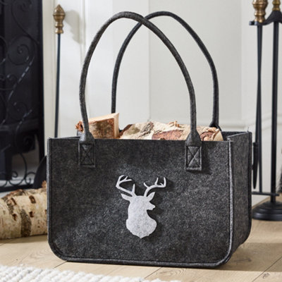 Traditional Style Grey Stag Head Firewood Log Holder Log Bag