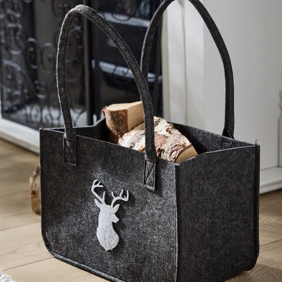 Traditional Style Grey Stag Head Firewood Log Holder Log Bag