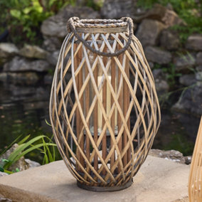 Traditional Style Grey Wash Wicker Willow Candle Holder Lantern