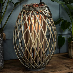 Traditional Style Grey Wash Wicker Willow Candle Holder Lantern