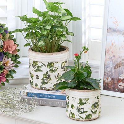 Traditional Style Large Rustic Ribbed Olive Indoor Flower Pot Planter (Dia) 15.5cm, (H)17cm