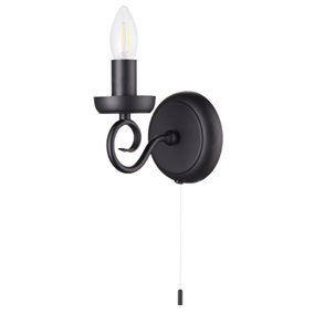Traditional Style Matt Black Wall Light Fitting with Scroll Arm and Pull Switch