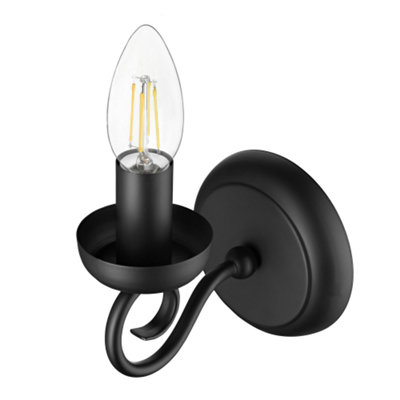 Traditional Style Matt Black Wall Light Fitting with Scroll Arm and Pull Switch