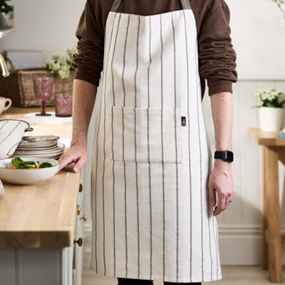 Traditional Style Mocha Cotton French Stripe Cooking Kitchen Apron, Chef Apron, Kitchen Linen