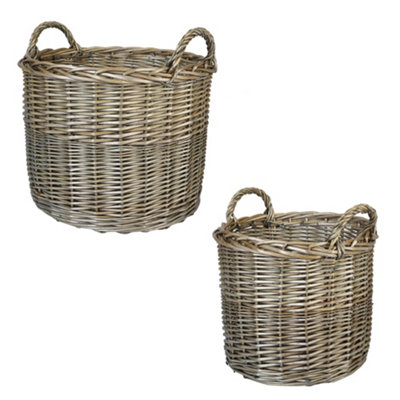 Round Wicker Log Basket With Lined Hessian Bag & Wood Handles - 33cm Firewood Storage For Kindling, Home, Or Garden