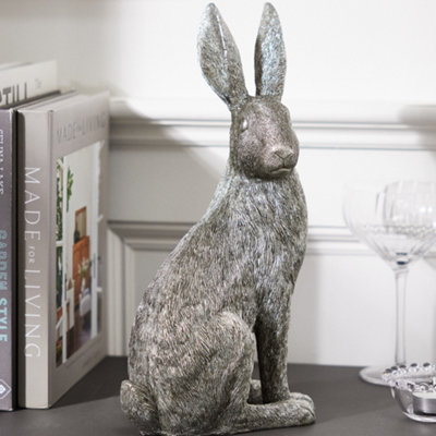 Traditional Style Silver Rabbit Sitting Sculpture Home Decorative Hare ...