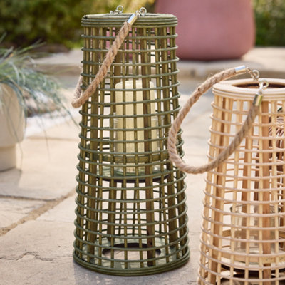 Traditional Style Tall Khaki Rattan Decorative Hanging Outdoor Garden Lantern with Rope Handle