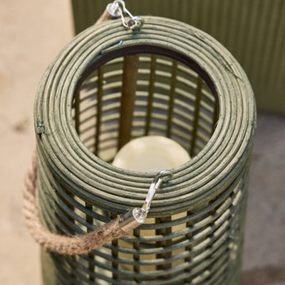 Traditional Style Tall Khaki Rattan Decorative Hanging Outdoor Garden Lantern with Rope Handle