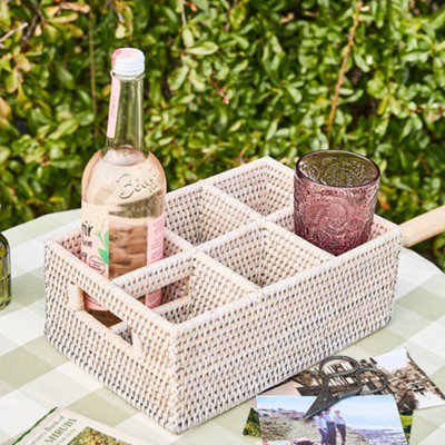 Traditional Style White Premium Rattan Six Section Storage Caddy