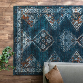 Traditional Teal Persian Bordered Geometric Easy To Clean Rug For Dining Room Bedroom & Living Room-120cm X 170cm