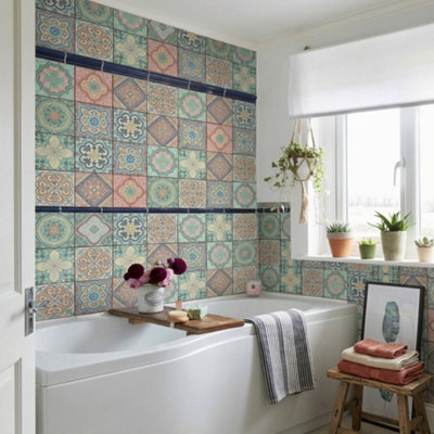 Traditional Tile Transfer Stickers Vintage Mosaic Wall Decor 45 Pcs