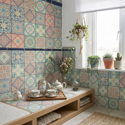 Traditional Tile Transfer Stickers Vintage Mosaic Wall Decor 45 Pcs