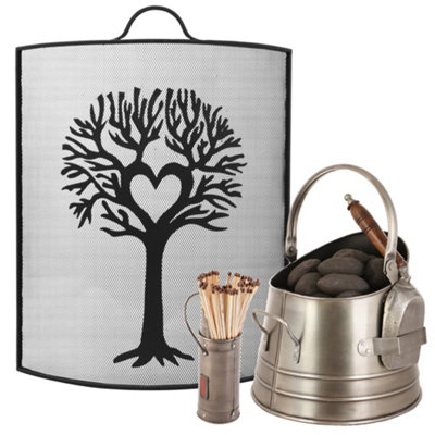 Traditional Tree Fire Screen Fireguard H67cm x W53cm with PEWTER Coal Bucket and Matches Canister Price Comparisons | Compare The Build