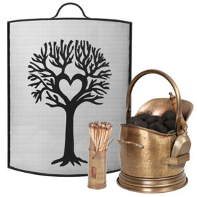 Traditional Tree Fireguard with BRASS Coal Bucket and Matches Canister