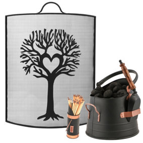 Traditional Tree Fireguard with COPPER Coal Bucket and Matches Canister