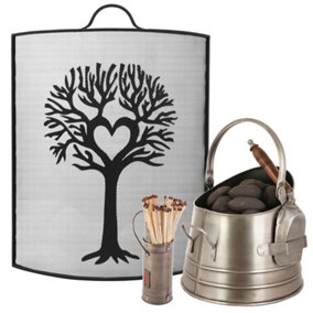 Traditional Tree Fireguard with PEWTER Coal Bucket and Matches Canister