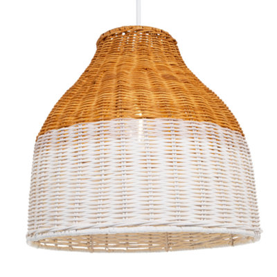 Traditional Two-Tone Washed White and Teak Wood Effect Rattan Pendant Lamp Shade