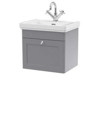 Traditional Wall Hung 1 Drawer Vanity Unit with 1 Tap Hole Fireclay Basin, 500mm - Satin Grey