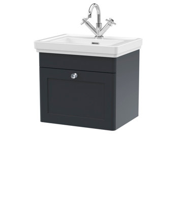 Traditional Wall Hung 1 Drawer Vanity Unit with 1 Tap Hole Fireclay Basin, 500mm - Soft Black