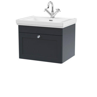 Traditional Wall Hung 1 Drawer Vanity Unit with 1 Tap Hole Fireclay Basin, 600mm - Dark Grey