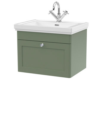 Traditional Wall Hung 1 Drawer Vanity Unit with 1 Tap Hole Fireclay Basin, 600mm - Satin Green