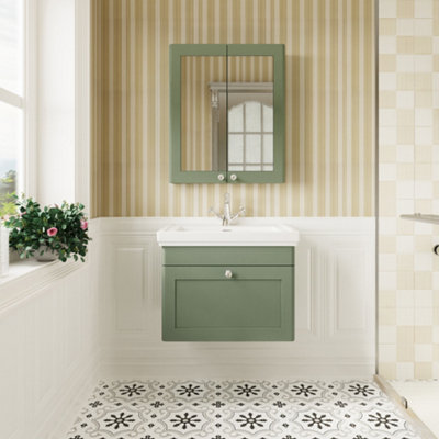 Traditional Wall Hung 1 Drawer Vanity Unit with 1 Tap Hole Fireclay Basin, 600mm - Satin Green