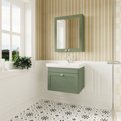 Traditional Wall Hung 1 Drawer Vanity Unit with 1 Tap Hole Fireclay Basin, 600mm - Satin Green