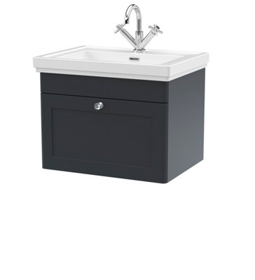 Traditional Wall Hung 1 Drawer Vanity Unit with 1 Tap Hole Fireclay Basin, 600mm - Soft Black