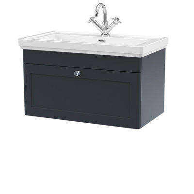 Traditional Wall Hung 1 Drawer Vanity Unit with 1 Tap Hole Fireclay Basin, 800mm - Dark Grey Price Comparisons | Compare The Build
