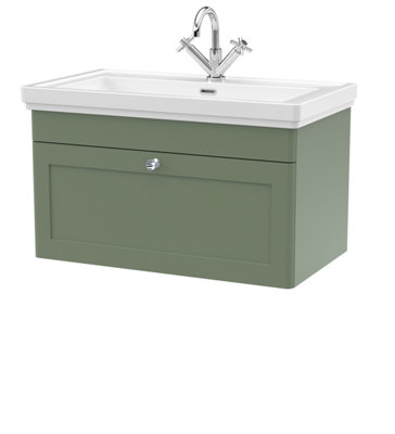 Traditional Wall Hung 1 Drawer Vanity Unit with 1 Tap Hole Fireclay Basin, 800mm - Satin Green