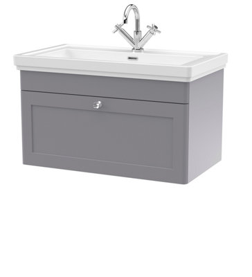 Traditional Wall Hung 1 Drawer Vanity Unit with 1 Tap Hole Fireclay Basin, 800mm - Satin Grey