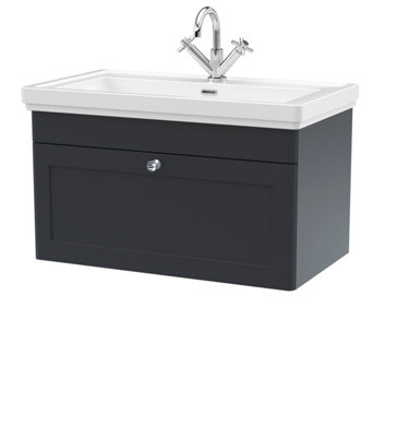 Traditional Wall Hung 1 Drawer Vanity Unit with 1 Tap Hole Fireclay Basin, 800mm - Soft Black