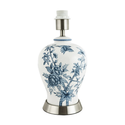 Traditional White Gloss Ceramic Lamp Base with Navy Blue Floral and Bird Decor