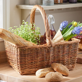 Traditional Wicker Shopping Basket Natural Hand Woven Dark Wash Trug Basket Vegetable Flower Fruit Picking Caddy