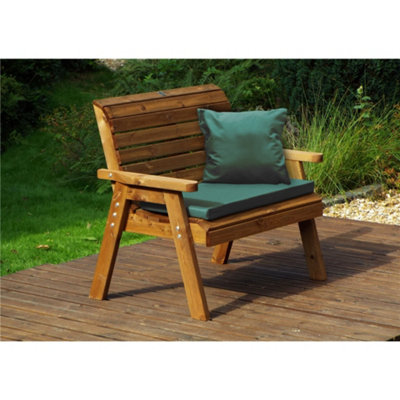 Traditional Wooden 2 Seater Bench With 1 x Bench Cushion Green, 1 x Scatter Cushion Green & Standard Fitted Cover