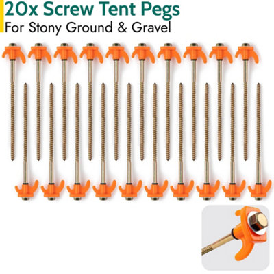 Trail 20pc Screw Tent Pegs Hard Stony Ground with Mallet Peg Extractor ...