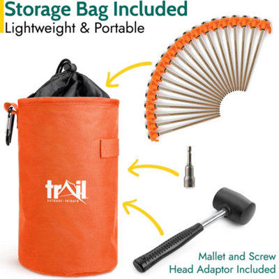 Trail 20pc Screw Tent Pegs Hard Stony Ground with Mallet Peg Extractor ...