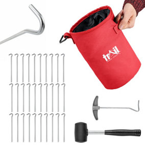 Trail 30pc Tent Pegs Kit Heavy Duty Steel with Mallet Peg Extractor and Bag