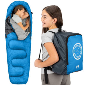 Trail Kids Sleeping Bag Mummy Hooded 3 Season Soft Warm 2 Way Zip Blue Boys Girls