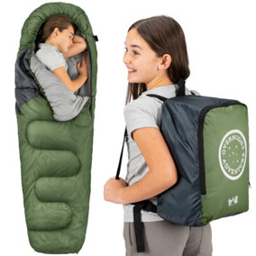 Trail Kids Sleeping Bag Mummy Hooded 3 Season Soft Warm 2 Way Zip Khaki Boys Girls