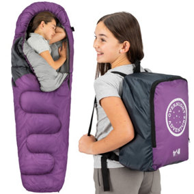 Trail Kids Sleeping Bag Mummy Hooded 3 Season Soft Warm 2 Way Zip Purple Boys Girls