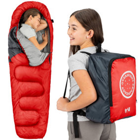 Trail Kids Sleeping Bag Mummy Hooded 3 Season Soft Warm 2 Way Zip Red Boys Girls