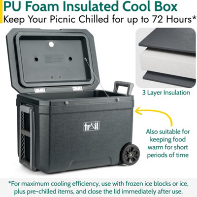 Trail Large Cool Box on Wheels 45L Wheeled Insulated Hard Cooler Hot Cold Food Picnic - Dark Grey - 3