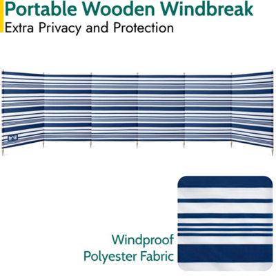 Trail Wooden Windbreak 7 Pole Windbreaker Blue with Bag 5.4m